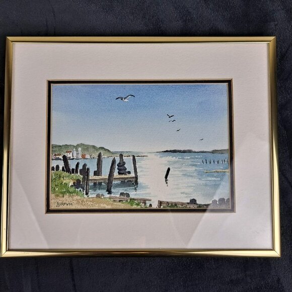 Watercolor Print Dock & Water Scene Gold Frame w/Glass Artist Signed Lukovic - Picture 1 of 7